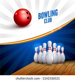 Bowling club poster with ball and bowling pins. Vector leisure sport background template.