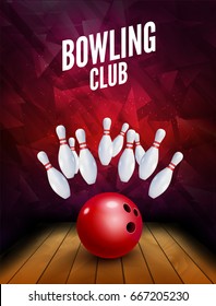 Bowling Club Poster mit Ball- und Bowlingstiften. Vektorhintergrund-Vorlage.