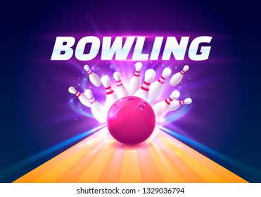 Bowling club poster with the bright background. Vector illustration