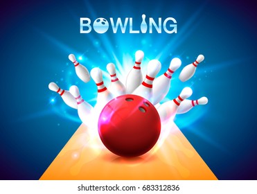 Bowling club poster with the bright background. Vector illustration