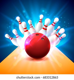 Bowling club poster with the bright background. Vector illustration