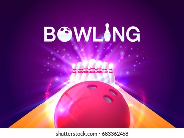 Bowling club poster with the bright background. Vector illustration