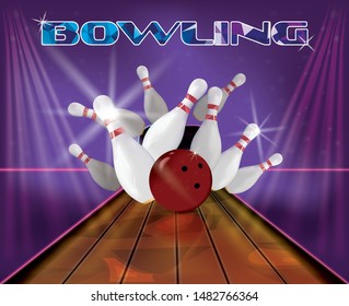 Bowling club poster with red ball and bowling skittles strike pins with the bright violet background, neon lines and shiny projector light.  Vector clip art illustration