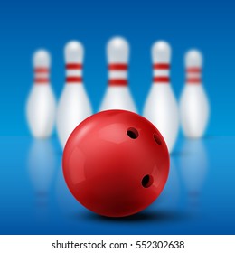 Bowling club poster with red ball and skittles. Vector illustration