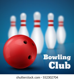 Bowling club poster with red ball and skittles. Vector illustration