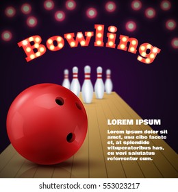 Bowling club poster with red ball and skittles. Vector illustration.