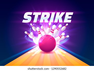 Bowling club poster strike with the bright background. Vector illustration