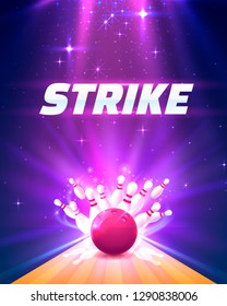 Bowling club poster strike with the bright background. Vector illustration