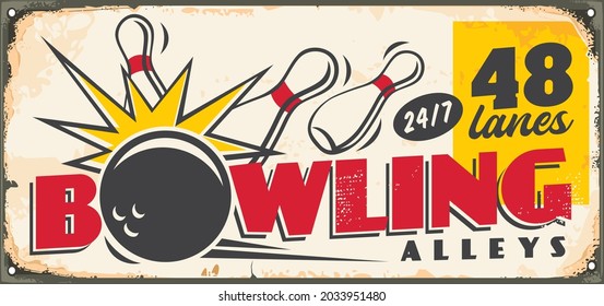 Bowling club retro sign board design template with bowling ball and pins.  Vintage 1950s comic style advertisement for bowling alleys and bar. Sports, games and recreation vector theme on old metal ba - Shutterstock ID 2033951480