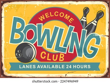 Bowling club retro sign idea with playful design elements and texts. Leisure and recreation vector poster design with bowling ball and pins. Colorful cartoon style illustration.