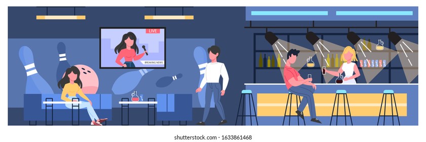 Bowling club room interior concept. People spending time in the bar at bowling club. Flat vector illustration