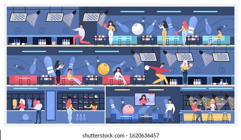 Bowling club room interior. People going bowling at game zone, spending time in the bar and choosing bowling shoes. Flat vector illustration