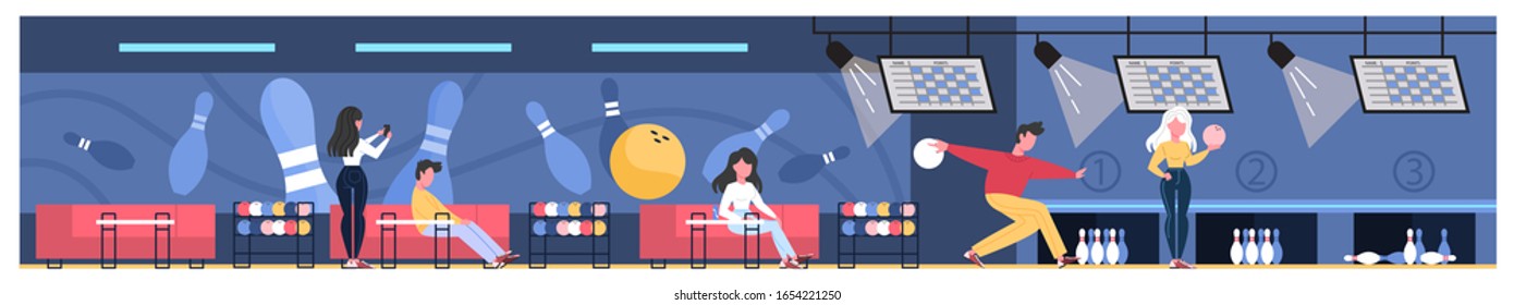 Bowling club room interior. People going bowling at game zone, spending time with friends. Flat vector illustration