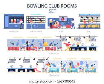 Bowling club room interior set. People going bowling at game zone, spending time in the bar and choosing bowling shoes. Flat vector illustration