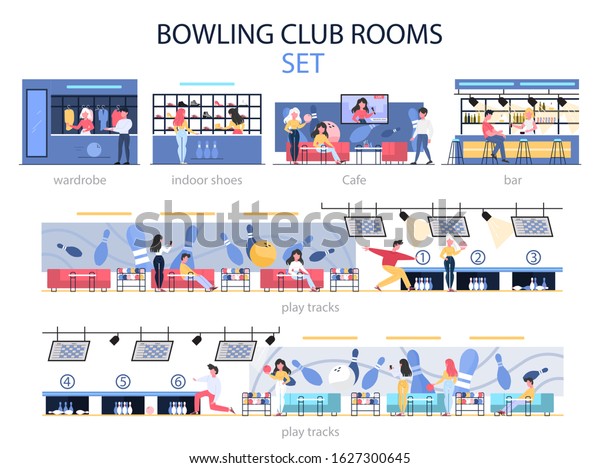 Bowling club room interior set. People going\
bowling at game zone, spending time in the bar and choosing bowling\
shoes. Flat vector\
illustration