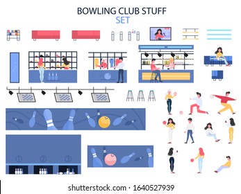 Bowling club room interior stuff set. People going bowling at game zone, spending time in the bar and choosing bowling shoes. Flat vector illustration