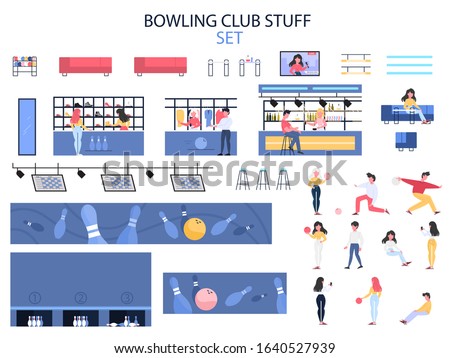 Bowling club room interior stuff set. People going bowling at game zone, spending time in the bar and choosing bowling shoes. Flat vector illustration