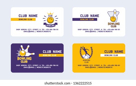 Bowling club set of business cards vector illustration. Ball crashing into the pins,getting strike. Bowling tournament. Winner of championship. Victory. First place. Male players.