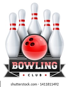 Bowling club. Skittles and ball for playing bowling game. Sport and amusement sign. Template for design with ribbon and hand-drawn title, Isolated on white background. Eps10 vector illustration.