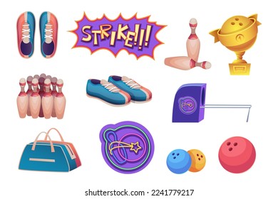 Bowling club. Sport equipment balls sneakers trophy cups score monitor for playing bowling action game exact vector cartoon collection