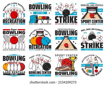 Bowling club tournament, strike pins and balls vector icons, competition league badges. Ninepin bowling sport game tournament and lane rentals, family and recreation and entertainment center