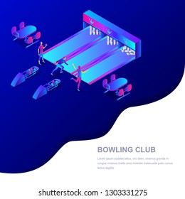 Bowling club vector 3d isometric illustration. People playing bowling. Sport competition and leisure activity concept. Trendy gradient colors web banner or poster background.
