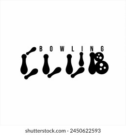 "Bowling Club" word design with illustration of bowling ball and bowling pins.