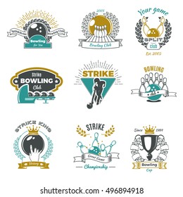 Bowling clubs vintage style logos with player and game equipment ribbons and laurel wreaths isolated vector illustration