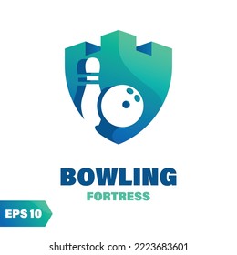 Bowling coated fort logo design. Abstract medieval composition, isolated on a white background.
