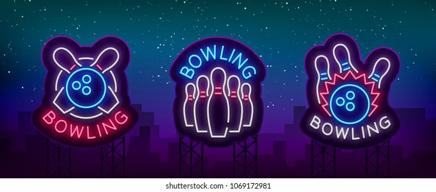 Bowling is collection of neon signs. Collection of Emblem Symbols, Neon Logo, Light Advertising Banner, Night Lighting Billboard, Design Pattern for the Bowling Club, Tournaments. Vector illustration