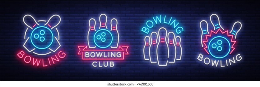 Bowling is collection of neon signs. Collection of Emblem Symbols, Neon Logo, Light Advertising Banner, Night Lighting Billboard, Design Pattern for the Bowling Club, Tournaments. Vector illustration - Shutterstock ID 796301503