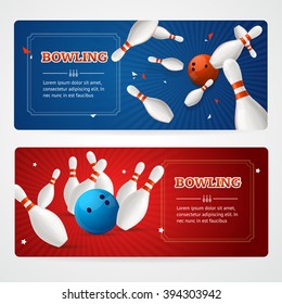 Bowling Colored Horizontal Banner Card Set. Vector illustration