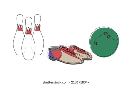 Bowling colored set with ball, skittles and sport shoes one line art. Continuous line drawing entertainment, sport, pin, hobby, game, activity, competitive, leisure, strike, professional play, color.