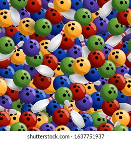 Bowling colorful seamless vector pattern. Seamless background of bowling pins and bowling balls.