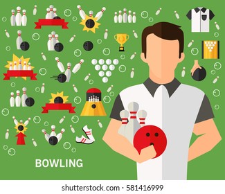 Bowling concept background. Flat icons.