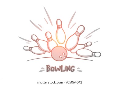 Bowling concept. Hand drawn skittles and bowling ball on the playing field. Bowling ball is making a strike isolated vector illustration.