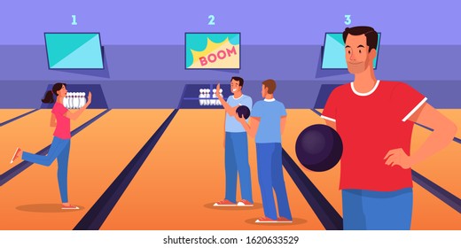 Bowling concept. Man character playing bowling game with ball on alley. People throwing a ball to pin. Vector illustration in cartoon style