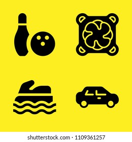 bowling, cooler, sea scooter and sedan vector icon set. Sample icons set for web and graphic design