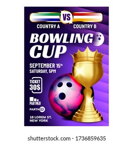 Bowling Cup Best Bowler High Score Banner Vector. Bowling Style Multicolor Ball And Golden Trophy For Winner Player Hit Skittles On Lane. Final Competition Concept Layout Illustration