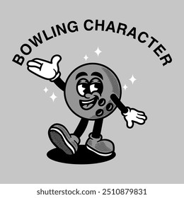 Bowling lindo Vector de dibujos animados retro dibujado a mano