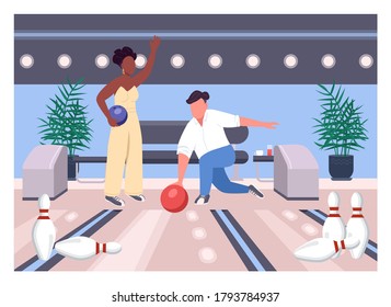 Bowling date flat color vector illustration. Friends play game together. Weekend fun pastime for man and woman. Interracial couple 2D cartoon characters with game center interior on background