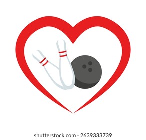 Bowling design with bowling ball and pins inside the heart icon