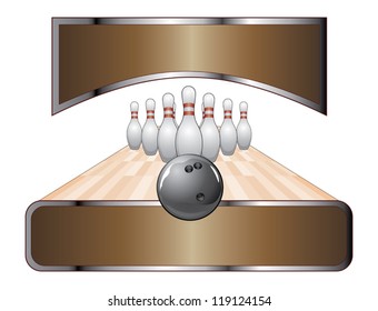Bowling Design Template Banner is an illustration of a bowling design with black bowling ball, ten pins, lane and two banners for your text.