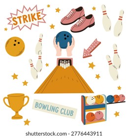 Bowling elements in cartoon style with balls, shoes and strike symbols, playful bowling club elements showing sport leisure, friendly competition and fun game night atmosphere
