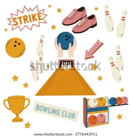 Bowling elements in cartoon style with balls, shoes and strike symbols, playful bowling club elements showing sport leisure, friendly competition and fun game night atmosphere