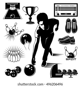 Bowling elements vintage style set with player on alley trophy and sports equipment isolated vector illustration 