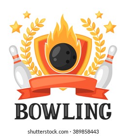 Bowling emblem with game objects. Image for advertising booklets, banners, flayers.