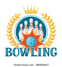 Bowling emblem with game objects. Image for advertising booklets, banners, flayers.
