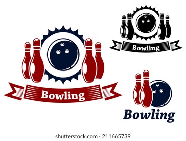 Bowling emblems and symbols set with ball and ninepins, suitable for sport logo and leisure design 