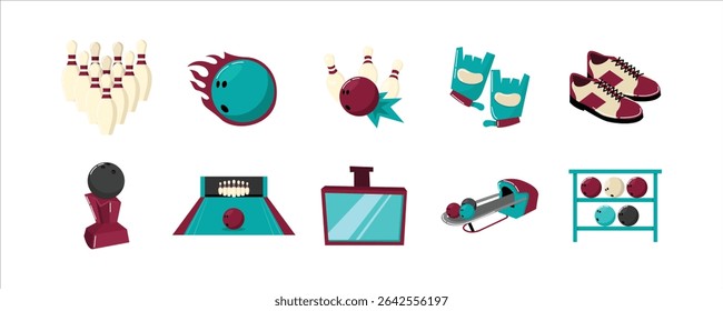 Bowling Equipment and Accessories, owling accessories, pins, balls, shoes, gloves, and rack. Bowling Vector Set
